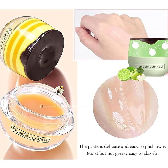 Bee Lip Balm Honey Pot, Strawberry & Honey Moisturizing Propolis Lip Mask, Hydrating & Prevention Dry and Cracked Lip Scrubs Exfoliator, Reduces Lip Lines (Green)
