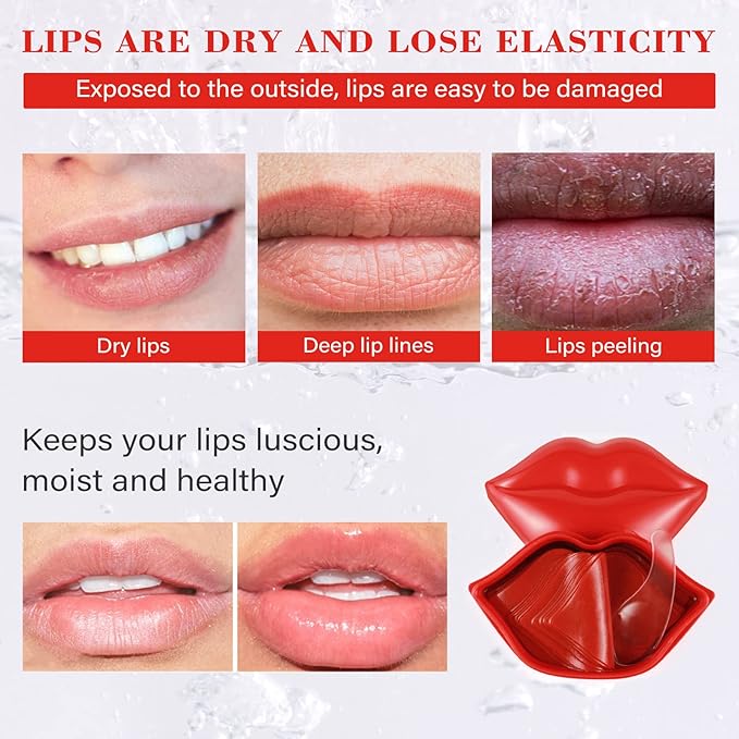 Lip Masks Sheet,Moisturizing Crystal Collagen Gel,Anti-Aging Lip Patches Reduces Lip Lines,Plump Dry Lips Overnight Lip Care,Fall/Winter Collagen Lip Sleep Mask 20 Packs with Box,Red