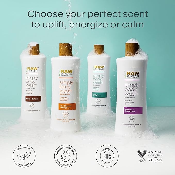 RAW SUGAR Simply Body Wash - Pineapple + Maqui Berry + Coconut, Moisturizing & Brightening Bath & Shower Gel, Sulfate-Free, Paraben-Free & Vegan (Pack of 3)