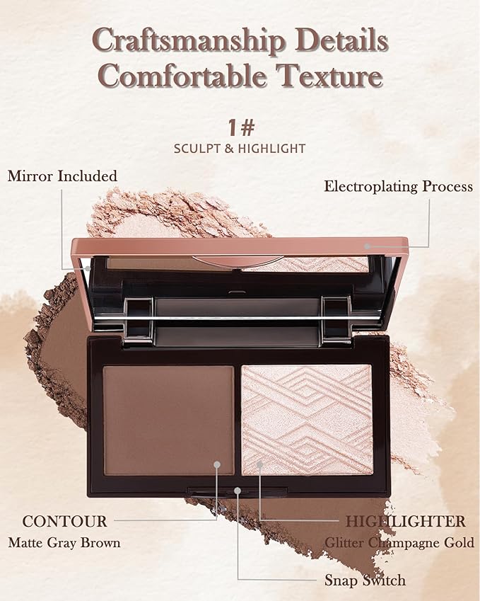 Face Contour Glitter Highlighter Powder Palette-2 in 1 Cruelty-Free Matte Bronzer Powder,Shimmer Illuminator Highlighters for a Glowing Look,Blendable Makeup Palette,Valentine's Day Gift for Women-01