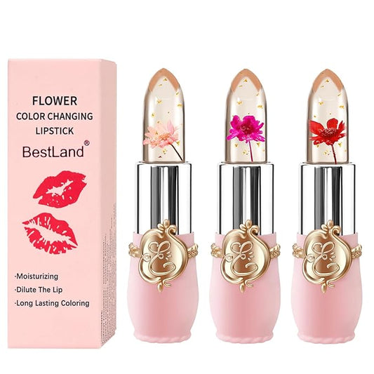 3 Pcs/Set Flower Jelly Lipstick Set Temperature Change Moisturizer Long Lasting Nutritious Balm Magic Color Change Lip Gloss (3Pcs Flower Jelly Lipstick 010203)
