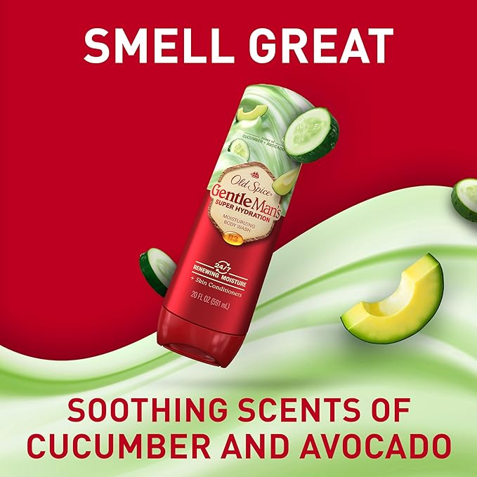 Old Spice Super Hydration Body Wash GentleMan’s Blend, Cucumber + Avocado Oil Scent for Deep Cleaning and 24/7 Renewing Moisture, 20 oz