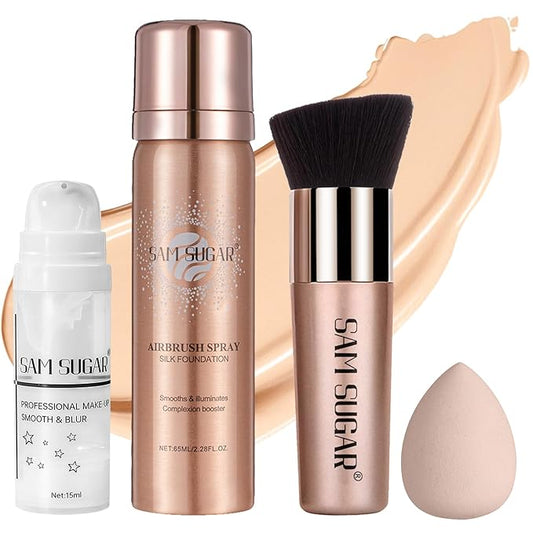 AirBrush Foundation Spray Set, Spray Foundation Makeup and Hydrating Face Primer Kit, Longwear Waterproof Liquid Matte Foundation Mist for Flawless Look, Brush and Sponge Include (#3 Nude)