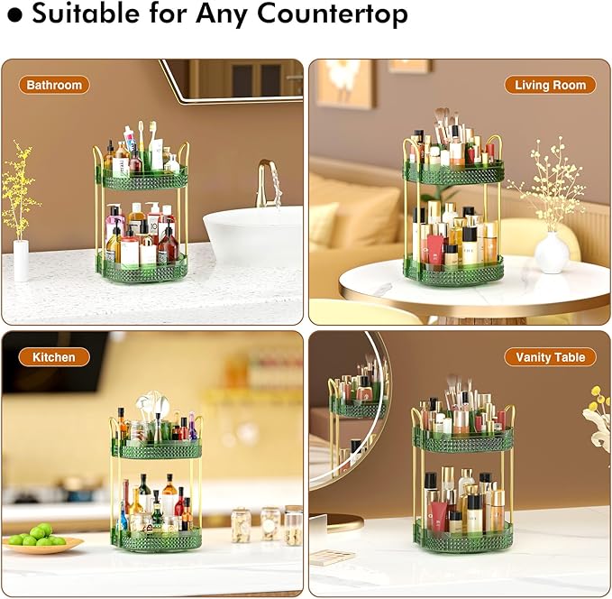 Awenia Rotating Makeup Organizer 360, Stackable Adjustable Large Capacity Cosmetic Storage Unit,Dresser Bathroom Kitchen Countertop Organizer with Metal Handle, Plus Size (Gem Green, 2 Tier)