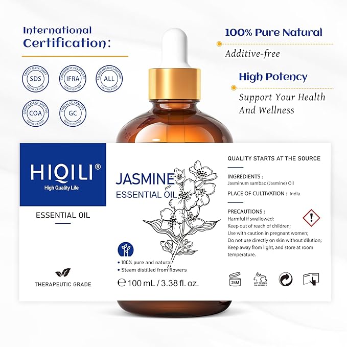 HIQILI Jasmine Essential Oil, Pure & Natural Jasmine Oil for Diffuser, Perfume, Shampoo, Aromatherapy