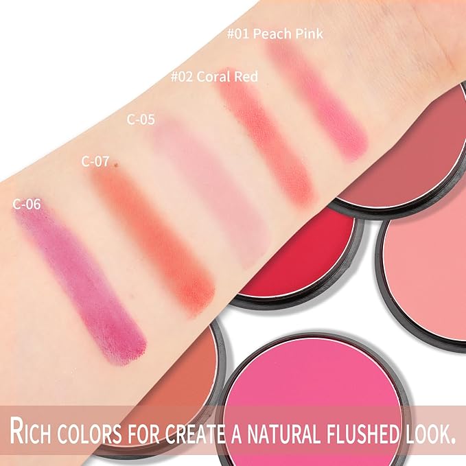 Boobeen Powder Blush Matte Blush, Highly Pigmented Beauty Cream Blush Palette for Create A Natural Cheek Flushed Look, Rich Colors (C-05)