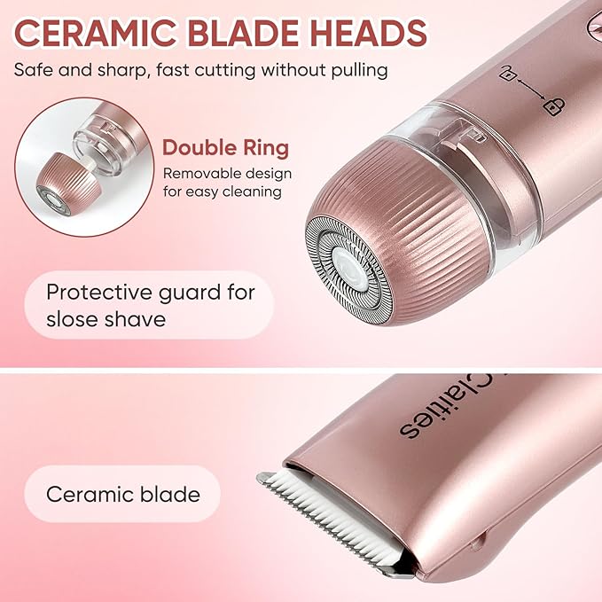 2 in 1 Women Electric Shaver Dual Head Bikini Trimmer for Women IPX7 Waterproof Wet & Dry Use Body Hair Trimmer and Facial Hair Remover for Bikini Underarm Leg Arm Body Face