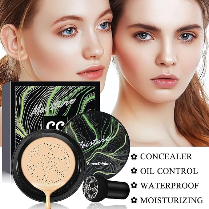 Air Cushion CC Cream Mushroom Head Cushion Foundation, BB Cream Face Makeup for Mature Skin Moisturizing Concealer Brighten Long-Lasting, Even Skin Tone for All Skin Types (Nude)