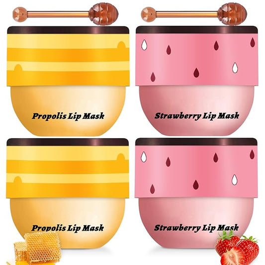 4 PCS Lip Mask Overnight, Honey&Strawberry Moisturizing Repair Sleeping Lip Balm, Fade Lip Lines Bee lip Balm, Hydrating &Prevention Dry and Crack Lip Scrubs Exfoliator (2 Honey & 2 Strawberry)