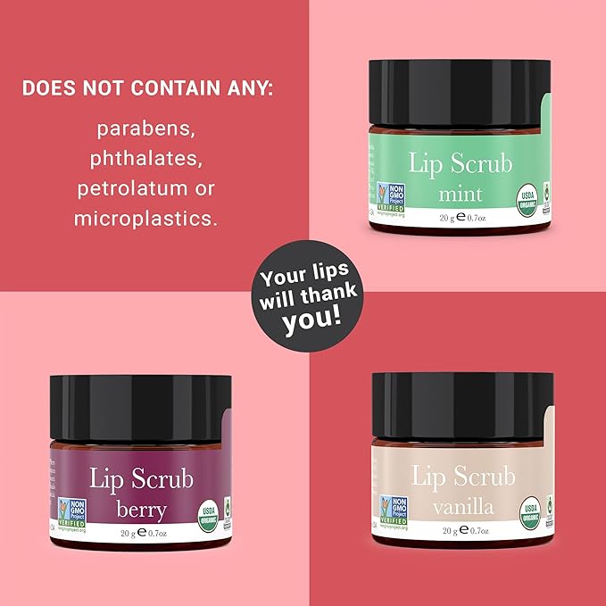 Organic Lip Scrub Berry - Lip Scrubs Exfoliator & Moisturizer, Lip Exfoliator Scrub, Sugar Lip Scrubs, Lip Sugar Scrub, Lip Care Products for Chapped Lips, Lip Scrubber, Lip Moisturizer for Dry Lips