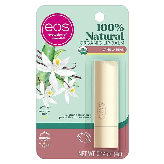 eos 100% Natural & Organic Lip Balm Stick- Vanilla Bean | Dermatologist Recommended for Sensitive Skin | All-Day Moisture Lip Care Products | 0.14 oz