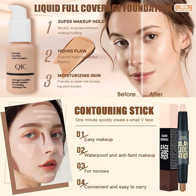 All in One Makeup Kit,Includes Naked Eyeshadow,Liquid Foundation,CC Cream,Lipstick Set,Mascara,Makeup Brush,Makeup Sponge,Eyebrow Powder,Eyebrow Soap,Eyeliner Stamp, Primer,Contour Stick,Cosmetic Bag