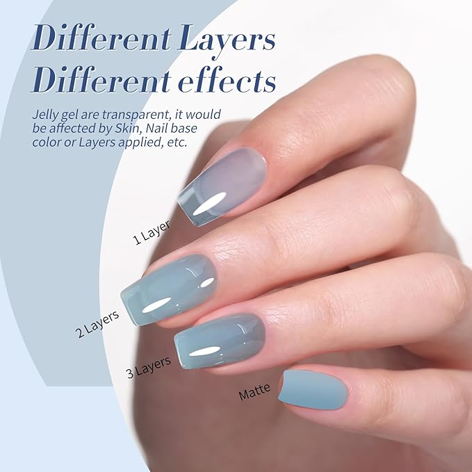 BORN PRETTY Jelly Blue Gel Nail Polish Set 6 Colors Translucent Light Blue Baby Blue Royal Blue Reflective Glitter Blue Nail Gel Kit Soak Off Nail Art Manicure Design Home Salon Holiday Gift