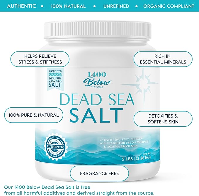 1400 Below 5 Lbs Jar Dead Sea Salt, Fine Grain - Foot and Spa Bath Soak, Exfoliating Body Scrub, 100% Pure and Mineral-Rich, Highest Mineral Content – Natural Muscle Tension Relief