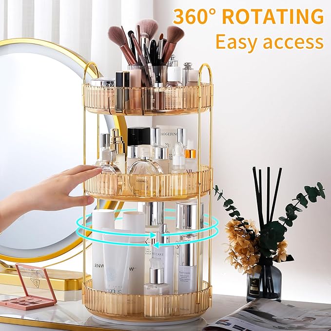 360° Rotating Makeup Organizer, Large-Capacity Skincare Make Up Storage 3 Tier Perfume Organizers Cosmetic Dresser Organizer with Makeup Brush Holder, Fits Bedroom, Bathroom, Vanity Shelf Countertop