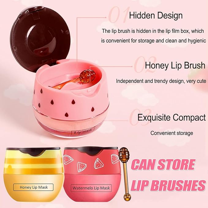 3 PCS Bee Lip Mask Honey Pot Lip Balm,Strawberry Watermelon Lip Mask Overnight Hydrating Dry and Crack Lip Scrubs Exfoliator Propolis Lip Sleeping Mask (Strawberry & Watermelon & Honey)