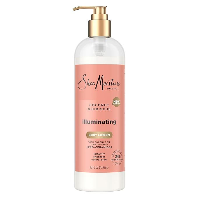SheaMoisture Illuminating Body Lotion with Coconut Oil, Hibiscus, Niacinamide and Pro-Ceramides, Instantly Enhancing Skin's Natural Glow, 24H Moisturizing 16 oz