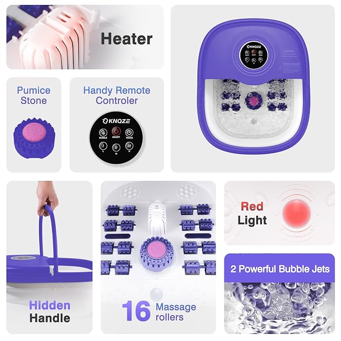 Collapsible Foot Spa with Heat, Remote Control, Temperature Control, Bubbles, Pumice Stone, Red Light, Timer, 16 Massage Roller Pedicure Foot Bath Tub Foot Soaker for Feet Stress Relief, Purple