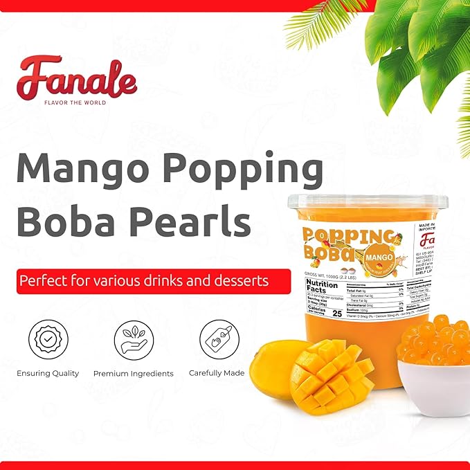 Fanale Mango Popping Boba Pearls, Vegan, Non GMO, Gluten Free, Fat Free, Perfect for Bubble Tea, Smoothies, Ice Cream, Desserts, and Beverages.