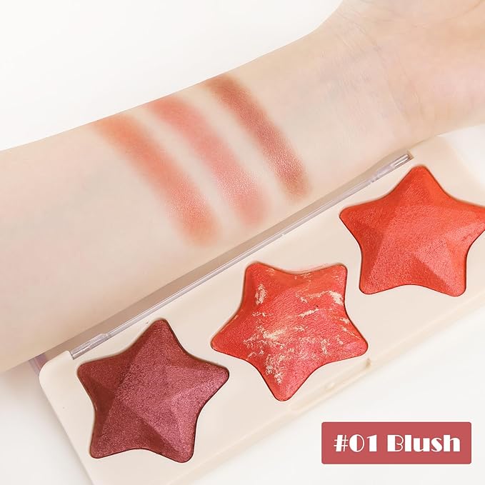 Boobeen 3 Colors Baked Shimmer Highlight & Blush Palette, Powder Palette Facial Bronzers Illuminator Makeup Palette, Lightweight Highlighter Blusher Contour for Cheeks, Lasting Natural Glowing