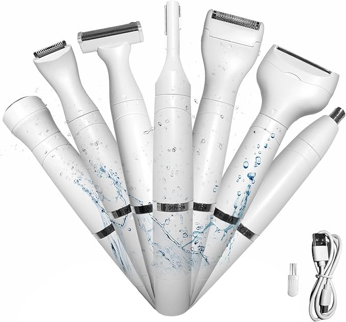 Bikini Trimmer for Women, 7 in 1 Electric Razor, Hair Trimmer for Face Nose Eyebrow Legs Arm Armpit Bikini, Waterproof, Painless Rechargeable Body Shavers Set