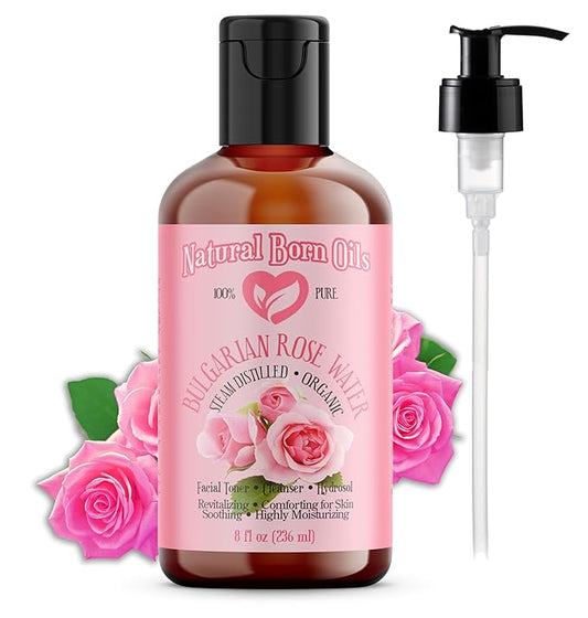 Natural Born Oils 8oz Rose Water Hydrosol, 100% Pure and Natural, Organic, Steam-distilled, Facial Toner Cleanser, with Sprayer, 8-Rose-Water