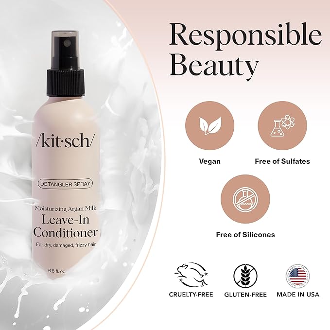 Kitsch Argan Milk Leave In Conditioner Spray – Lightweight Moisturizing Hair Spray for Women and Men - Hair Detangler Spray for Curly, Wavy, Fine, Dry & Damaged Hair - Silicone-Free - 6.8oz