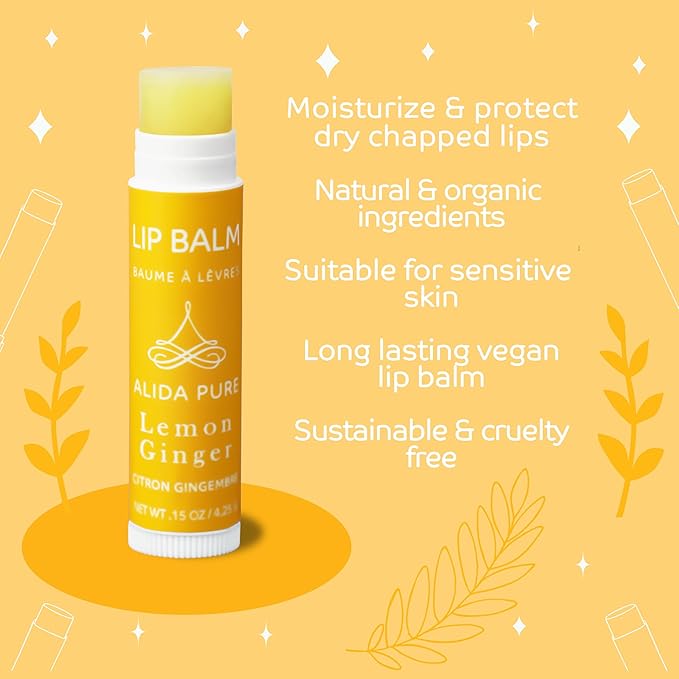 Lemon Ginger Lip Balm Collection, Vegan Lip Balm Set, Bees Wax Free, with Avocado Oil, Organic Jojoba Oil, Vitamin E, Natural Moisturizer For Dry, Cracked, or Chapped Lips, 3 Tube Set