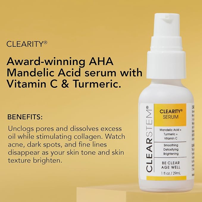CLEARSTEM - CLEARITY The Blackhead Dissolver Mandelic Acid Serum - Vitamin C, Turmeric, Collagen Boost - All Skin Types - Facial Skin Care Products - Gluten Free, Cruelty Free - 1 fl oz / 29ml