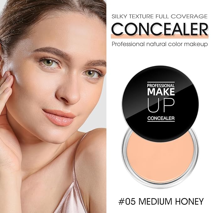 Cream Concealer Full Coverage Makeup, Matte Color Correcting Concealer with Brush, Waterproof, Conceals Blemish, Pores and Spots, Under Eye Makeup Concealer for Dark Circles (#05 MEDIUM HONEY)