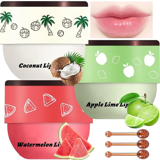 3 Pcs Bee Lip Balm Honey Pot, Coconut Watermelon Apple Lime Lip Mask Overnight, Moisturizing Lip Sleeping Mask, Hydrate Repair Prevent Dry Cracked Lip Exfoliator (Coconut +Watermelon+Apple Lime)