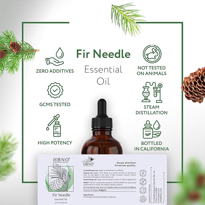 HBNO Fir Needle Essential Oil - Huge 4 oz (120ml) Value Size - Natural Fir Needle Oil - Perfect for Cleaning, Aromatherapy, DIY, Soap and Diffuser