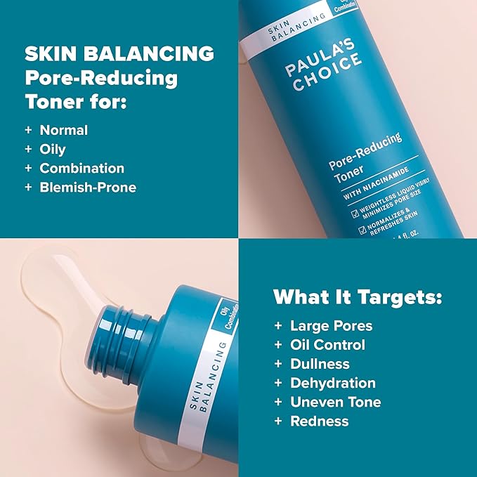 Paula's Choice SKIN BALANCING Pore-Reducing Face Toner for Combination and Oily Skin, Minimizes Large Pores, Controls Oil & Shine, Hydrates & Replenishes, Suitable for Acne-Prone Skin, 12 Fl Oz Bottle