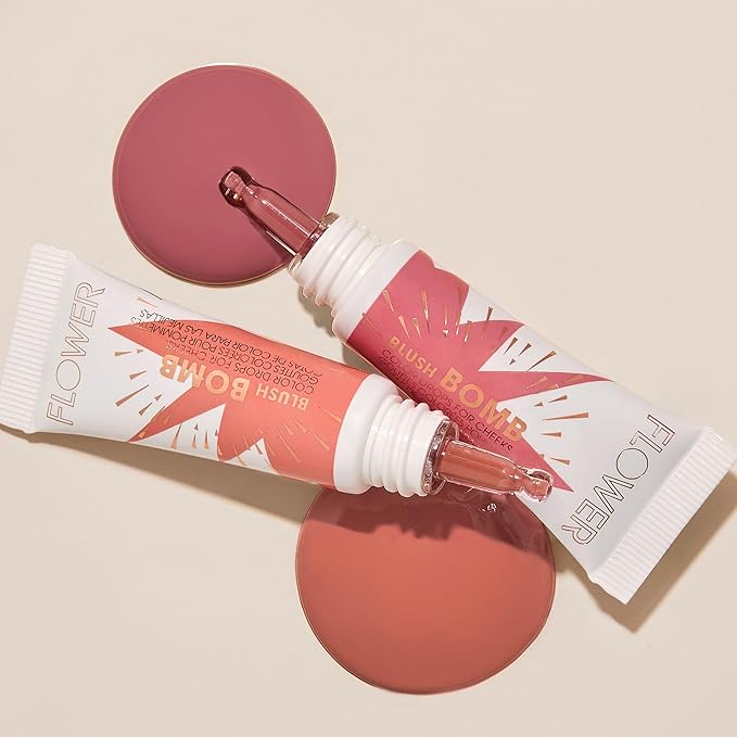 FLOWER Beauty By Drew Barrymore Liquid Blush Makeup Bomb Color Drops -Silky Lightweight Formula + Gel Cream Blush for Cheeks - Radiant + Glossy Finish - Buildable + Lightweight Formula - Cruelty-Free + Vegan (Cheeky)