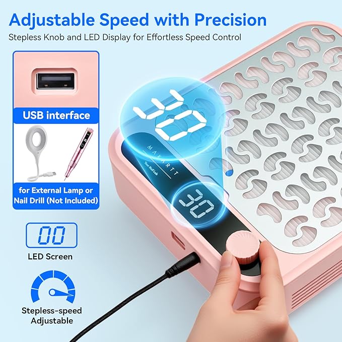 Makartt Nail Dust Collector - Professional Powerful Suction Larina Vacuum Fan Dust Cleaner with LED Display, Adjustable Speed, Reusable Filter for Acrylic Nails Polishing Manicure Salon Home Pink