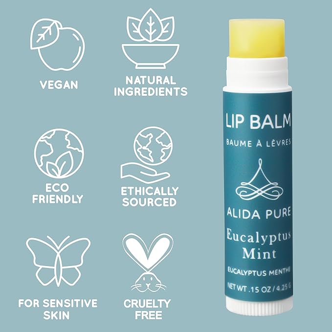 ALIDA PURE Eucalyptus Mint Lip Balm Collection, Vegan, Lip Balm, Beeswax Free, with Avocado Oil, Organic Jojoba Oil, and Vitamin E, Natural Moisturizer for Dry, Chapped Lips, 3 Tube Set