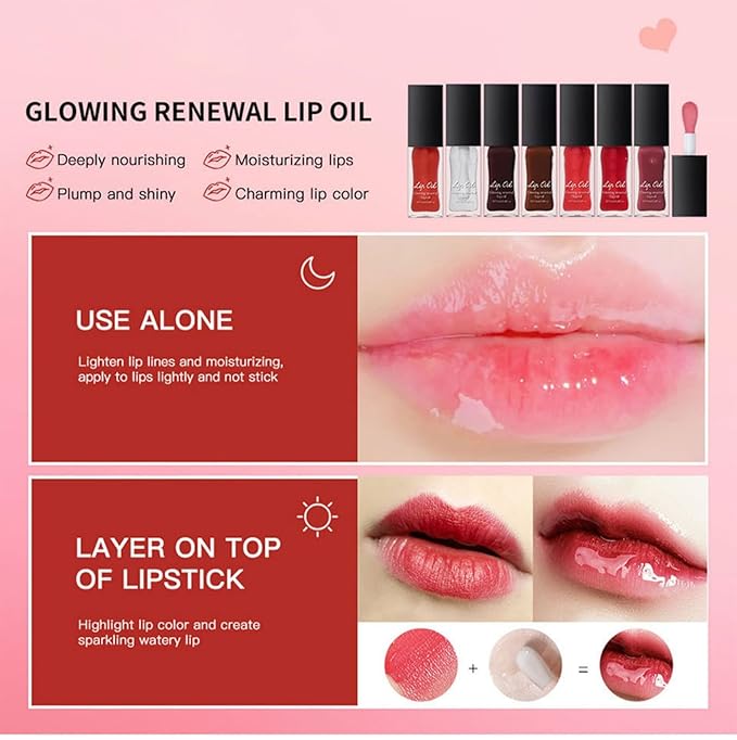 MAEPEOR Glowing Lip Oil 7 Colors Hydrating Lip Balm Nourishing Lip Care Lip Treatment Glossy Finish Non-sticky Moisturizing Lip Balm (07 Rose)