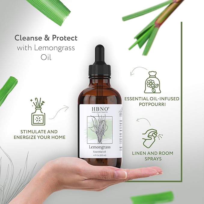 HBNO California Bottled Lemongrass Essential Oil 4 fl oz (120ml) - Natural Lemongrass Oil, Perfect for Cleaning, Aromatherapy, DIY, Soap & Diffuser -