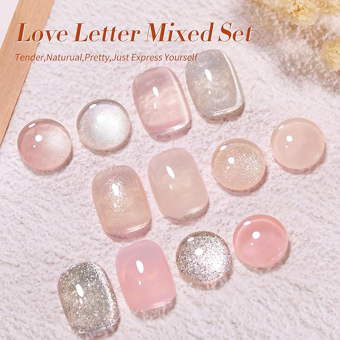Born Pretty Gel Nail Polish Nude Pink Series,Jelly Transparent,Cat Magnetic Eye,Shimmer Glitter Holographic Nude Pink Gel Polish Kit for Salon Manicure and Nail Art DIY at Home 6Colors