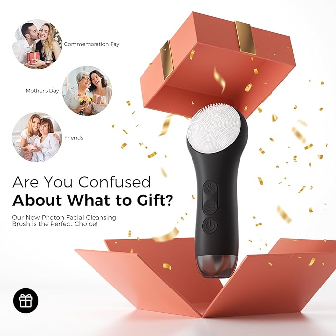 Facial Cleansing Brush: Rechargeable LED Electric Face Cleansing Brush with 4 Gentle Light Liquid Silicone Modes Face Scrubber Exfoliator,IPX7 Waterproof Ideal Gift for Men and Women-Black