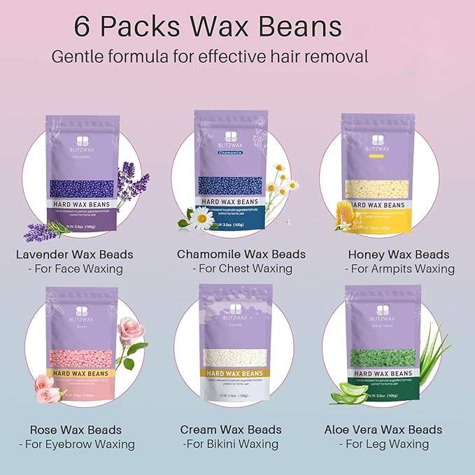 BLITZWAX Brazilian and Bikini Waxing Kit for Women, Hard Wax Warmer for Face, Legs and Body, At Home Hair Removal Kit, Beginner Friendly, Quick Heating, Pink and Blue Gradient Color