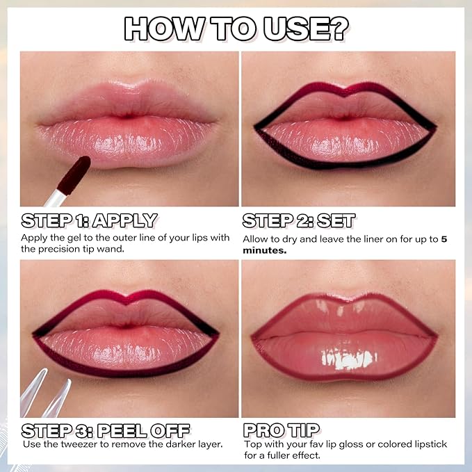 Cilrofelr Peel Off Lip Liner Stain, Long Wear Tattoo Lip Liner with Tweezer, Peel Off Lip Stain with Matte Finish, Long Lasting, Waterproof, Transfer-proof, Highly Pigmented Color (Berry)