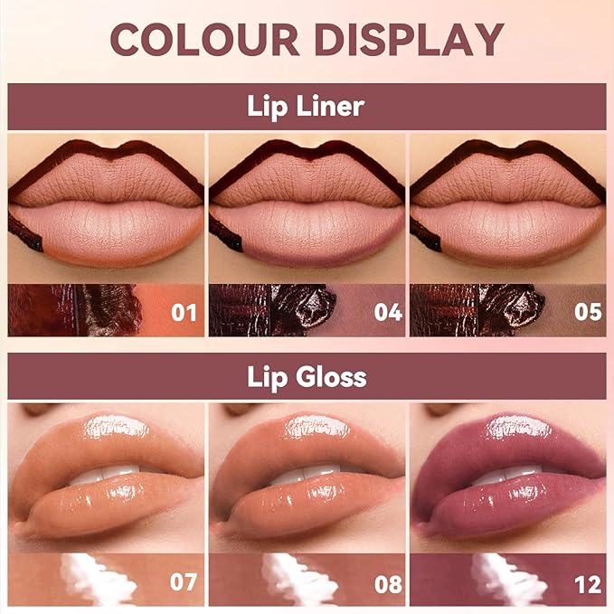 Dark Brown Peel Off Lip Liner Stain Tattoo with Nude Lip Gloss Glow Oil, Non-Stick Cup High Shine Lip Combo Waterproof Long Wear Lightweight Glossy Lipstick Makeup