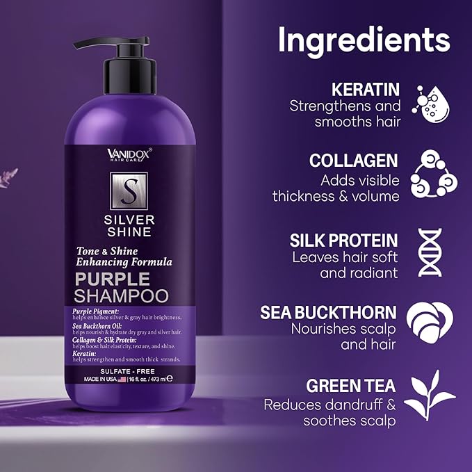 Brass Toning Purple Shampoo for Grey and Silver Hair, Infused with Purple Pigment, Sulfate Free Shampoo for Gray and Silver Hair (16 fl oz)