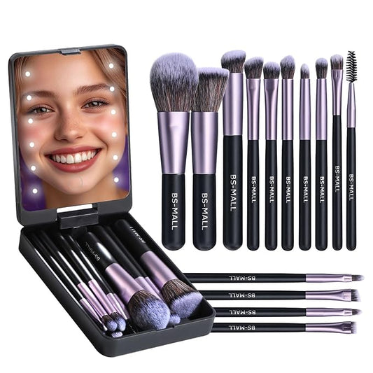 BS-MALL Travel Makeup Brush Set Foundation Powder Concealers Eye Shadows Makeup Set with LED light Mirror 14 Pcs (Purple)