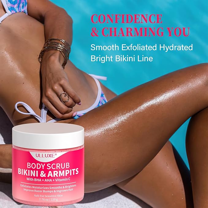 Bikini Area Exfoliator with 10% AHAs BHA & Vitamin C, Exfoliating Body Scrub for Ingrown Hair and Underarm Bumps, Dark Spots, Moisturize Brighten Soothe & Even Skin Tone, Sensitive Skin Safe, 7.76 oz