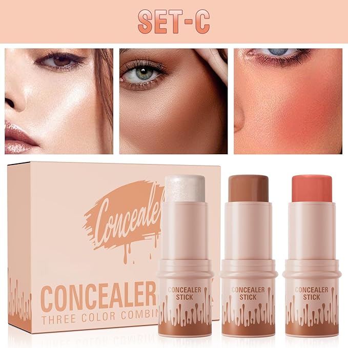 3Pcs Contour Stick Set，3 Colors Contour Stick Makeup Set， Long-Lasting Waterproof Concealer Stick Kit，Cream Blush & Highlighter Bronzer Pen (SET-C)