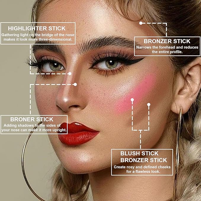 Lezero 3Pcs Contour Stick Makeup Kit, Shades with Highlighter, Blush and Bronzer Stick for Sculpt the Face and All Skin Type, Long Lasting, Smooth, Dewy & Matte Finish, MEDIUM