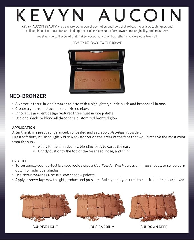 Kevyn Aucoin The Neo-Bronzer, Sundown Deep: 3 in 1 makeup palette. Highlighter, blush & bronzer in one smooth gradient makeup compact. Shimmer & matte in light, medium & deep. Sun-kissed to bronzed.