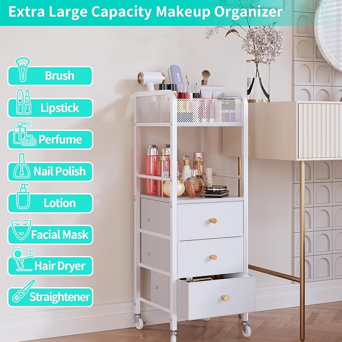 HapiRm Rolling Makeup Cart Organizer - Floor Skincare Make Up Storage with 3 Drawers, Vanity Organizer Cosmetic Display Cases Holder for Skin Care Perfume Nail Polish Brush Hair Tool, White